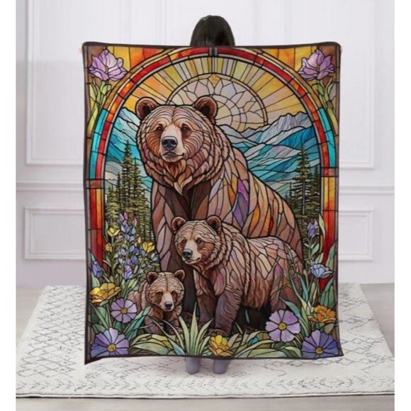 New Grizzly Bear Family Stained Glass Plush Throw Blanket Gift Cubs Bears Rustic - Picture 2 of 3